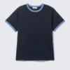 Short-Sleeved Contrast Trim Cotton T-Shirt – Dark Blue – Light Blue Binding Short-Sleeved Contrast Trim Cotton T-Shirt – Dark Blue – Light Blue Binding