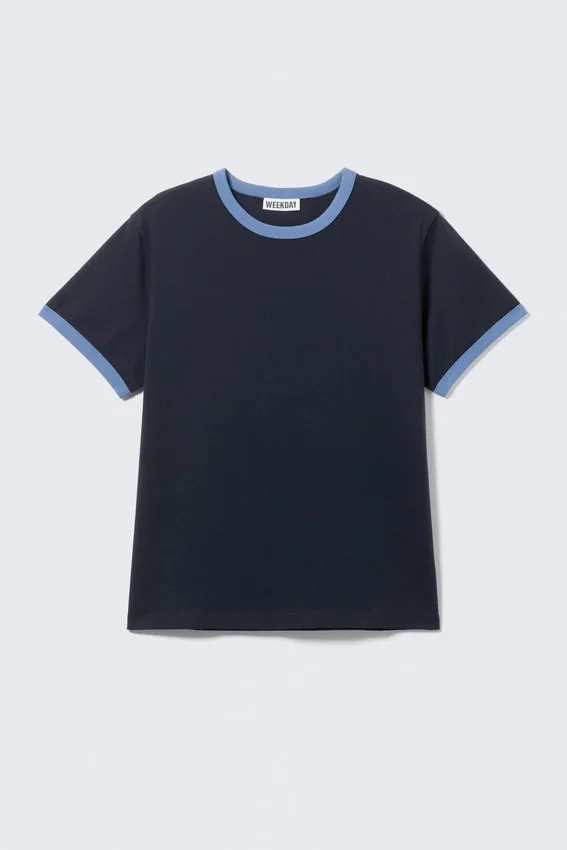 Short-Sleeved Contrast Trim Cotton T-Shirt – Dark Blue – Light Blue Binding Short-Sleeved Contrast Trim Cotton T-Shirt – Dark Blue – Light Blue Binding