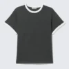 Short-Sleeved Contrast Trim Cotton T-Shirt – Dark Grey & White Short-Sleeved Contrast Trim Cotton T-Shirt – Dark Grey & White