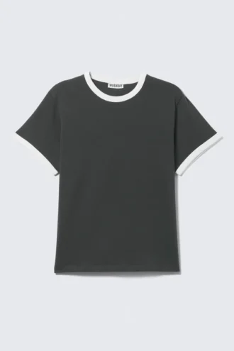 Short-Sleeved Contrast Trim Cotton T-Shirt – Dark Grey & White