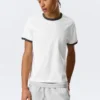 Short-Sleeved Contrast Trim Cotton T-Shirt – White – Black Binding Short-Sleeved Contrast Trim Cotton T-Shirt – White – Black Binding