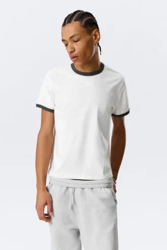 Short-Sleeved Contrast Trim Cotton T-Shirt – White – Black Binding