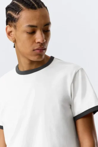 Short-Sleeved Contrast Trim Cotton T-Shirt – White – Black Binding
