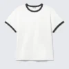 Short-Sleeved Contrast Trim Cotton T-Shirt – White – Black Binding Short-Sleeved Contrast Trim Cotton T-Shirt – White – Black Binding