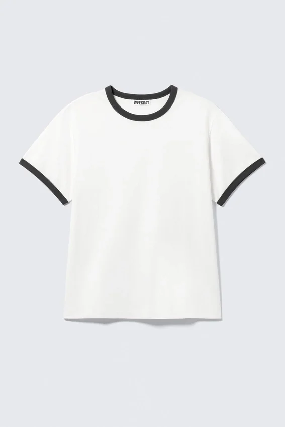 Short-Sleeved Contrast Trim Cotton T-Shirt – White – Black Binding Short-Sleeved Contrast Trim Cotton T-Shirt – White – Black Binding