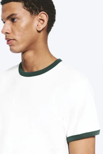 Short-Sleeved Contrast Trim Cotton T-Shirt – White – Green Binding
