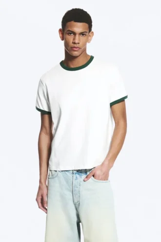 Short-Sleeved Contrast Trim Cotton T-Shirt – White – Green Binding