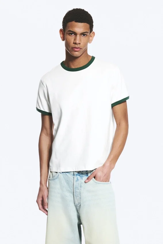 Short-Sleeved Contrast Trim Cotton T-Shirt – White – Green Binding Short-Sleeved Contrast Trim Cotton T-Shirt – White – Green Binding