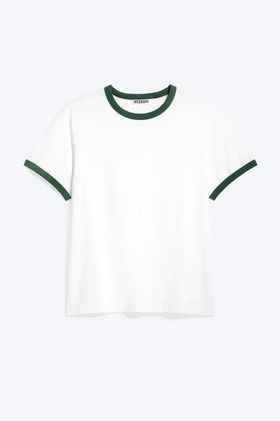 Short-Sleeved Contrast Trim Cotton T-Shirt – White – Green Binding Short-Sleeved Contrast Trim Cotton T-Shirt – White – Green Binding