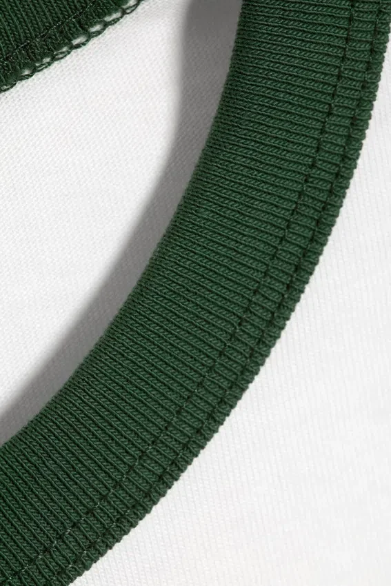 Short-Sleeved Contrast Trim Cotton T-Shirt – White – Green Binding Short-Sleeved Contrast Trim Cotton T-Shirt – White – Green Binding
