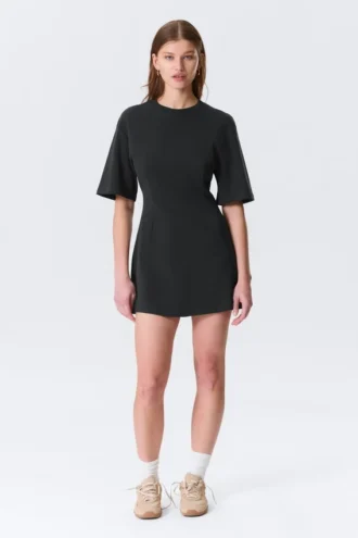 Short-Sleeved Cotton Mini Dress – Black