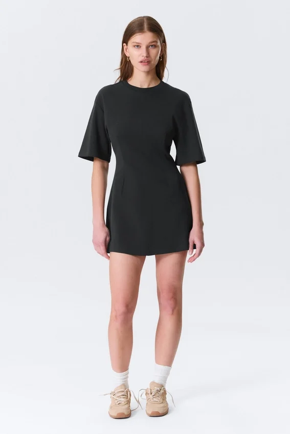 Short-Sleeved Cotton Mini Dress – Black Short-Sleeved Cotton Mini Dress – Black