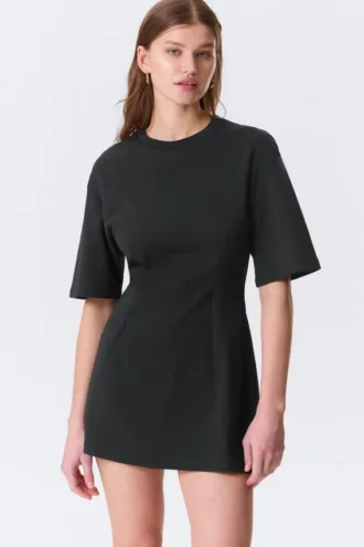 Short-Sleeved Cotton Mini Dress – Black