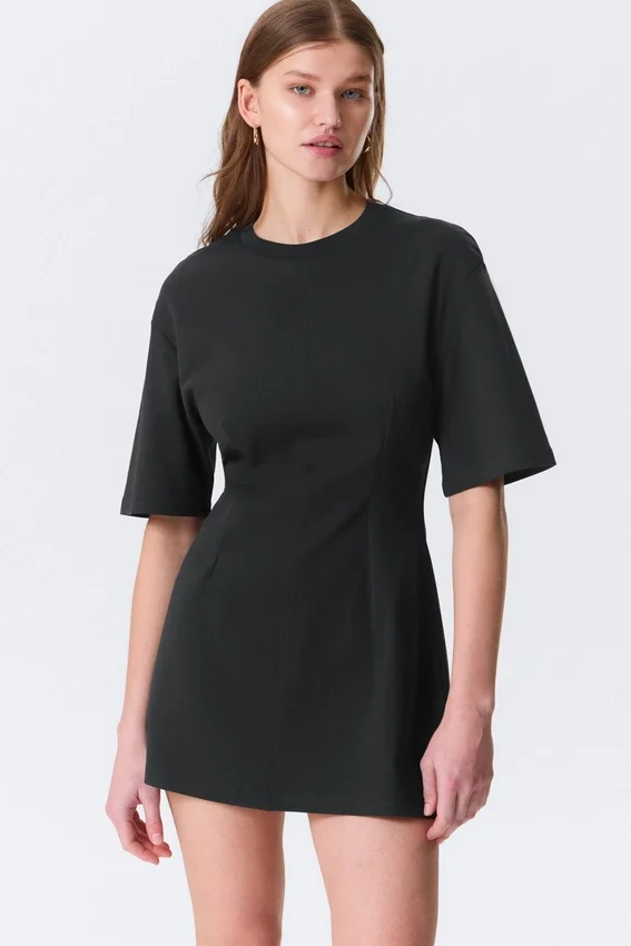 Short-Sleeved Cotton Mini Dress – Black Short-Sleeved Cotton Mini Dress – Black