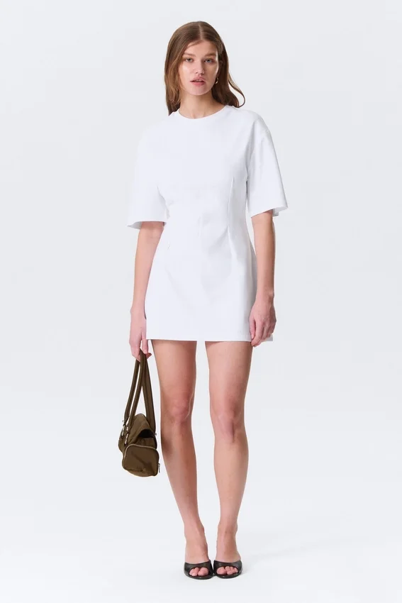 Short-Sleeved Cotton Mini Dress – White Short-Sleeved Cotton Mini Dress – White