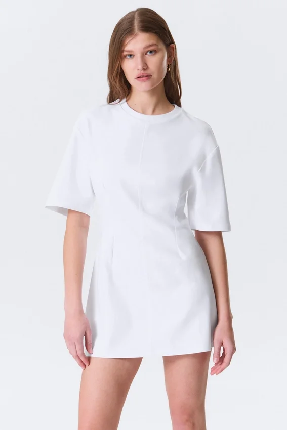 Short-Sleeved Cotton Mini Dress – White Short-Sleeved Cotton Mini Dress – White