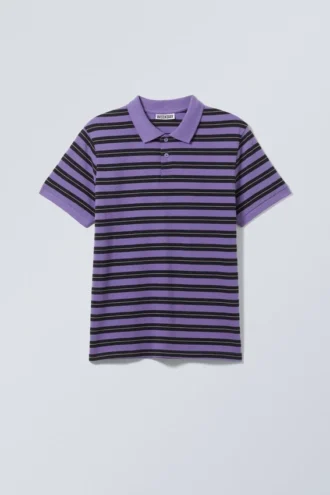 Short-Sleeved Cotton Piqua Polo Shirt – Striped Lilac