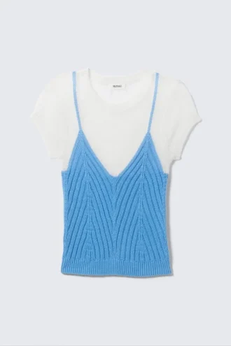 Short-Sleeved Knitted Layered Top – White & Blue