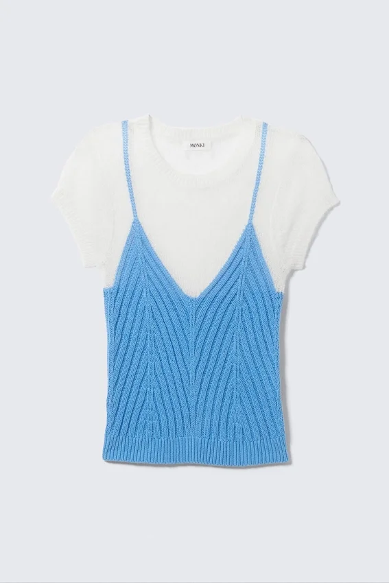 Short-Sleeved Knitted Layered Top – White & Blue Short-Sleeved Knitted Layered Top – White & Blue