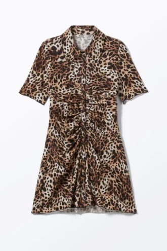 Short-Sleeved Mini Shirt Dress – Leopard-Print