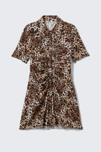 Short-Sleeved Mini Shirt Dress – Leopard-Print