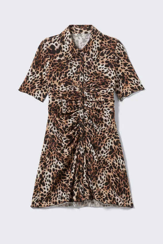 Short-Sleeved Mini Shirt Dress – Leopard-Print Short-Sleeved Mini Shirt Dress – Leopard-Print