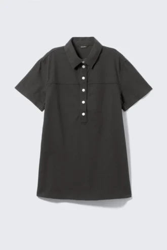 Short-Sleeved Mini Shirt Dress – Off-Black