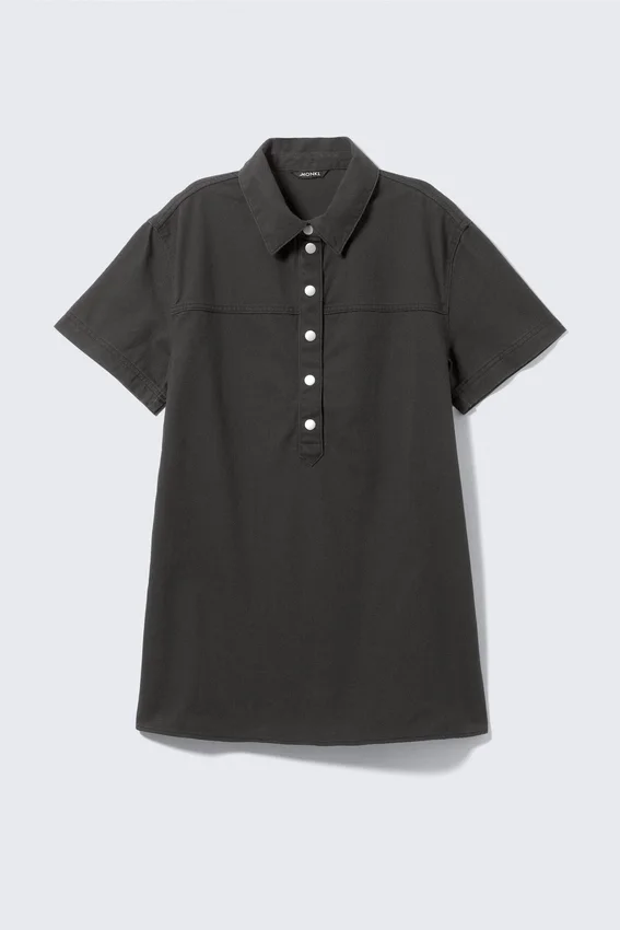 Short-Sleeved Mini Shirt Dress – Off-Black Short-Sleeved Mini Shirt Dress – Off-Black