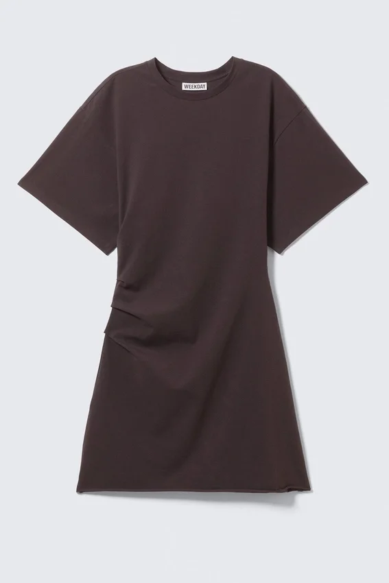 Short-Sleeved Mini T-Shirt Dress – Dark Brown Short-Sleeved Mini T-Shirt Dress – Dark Brown