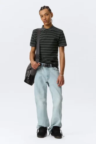 Short-Sleeved Tennis Piqua Shirt – Dark Grey – Green Stripe