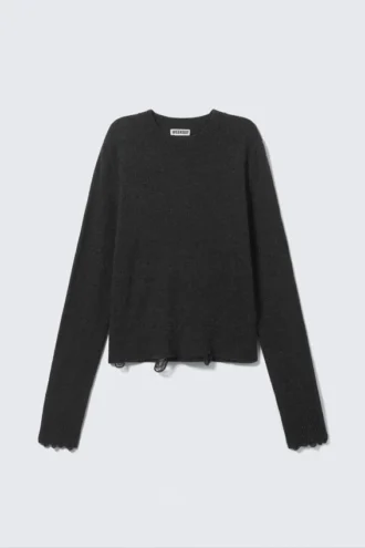 Shrunken Distressed Wool Blend Sweater – Black
