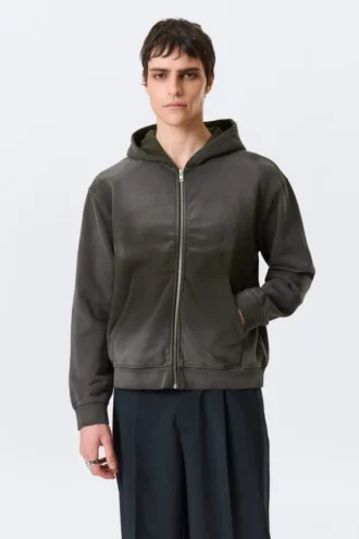 Shrunken Distressed Zip Hoodie – Dark Grey