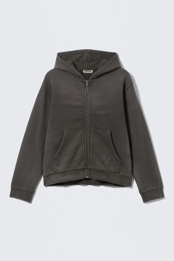 Shrunken Distressed Zip Hoodie – Dark Grey Shrunken Distressed Zip Hoodie – Dark Grey