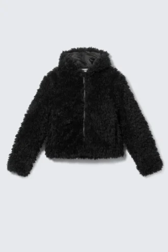 Shrunken Faux Fur Hooded Jacket – Black Shrunken Faux Fur Hooded Jacket – Black