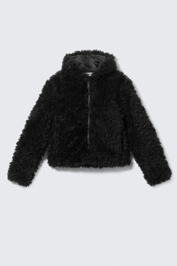 Shrunken Faux Fur Hooded Jacket – Black Shrunken Faux Fur Hooded Jacket – Black