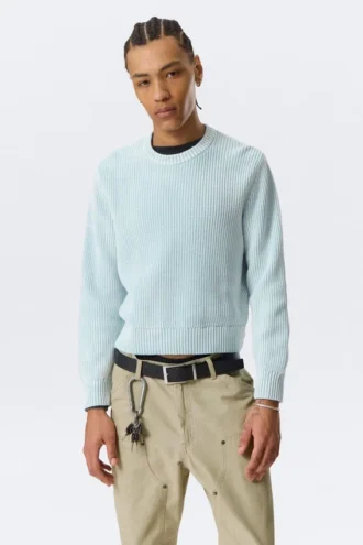 Shrunken Knitted Cotton Sweater – Washed Light Blue Shrunken Knitted Cotton Sweater – Washed Light Blue