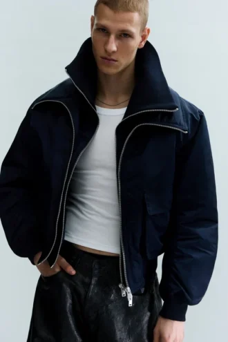 Shrunken Nylon Bomber Jacket – Navy Blue