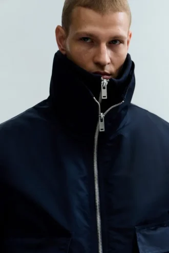 Shrunken Nylon Bomber Jacket – Navy Blue