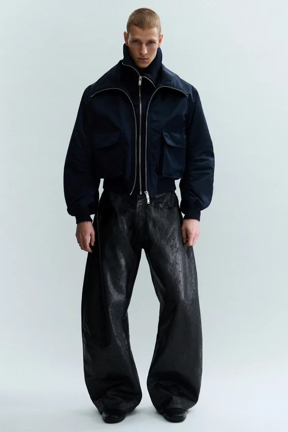 Shrunken Nylon Bomber Jacket – Navy Blue Shrunken Nylon Bomber Jacket – Navy Blue