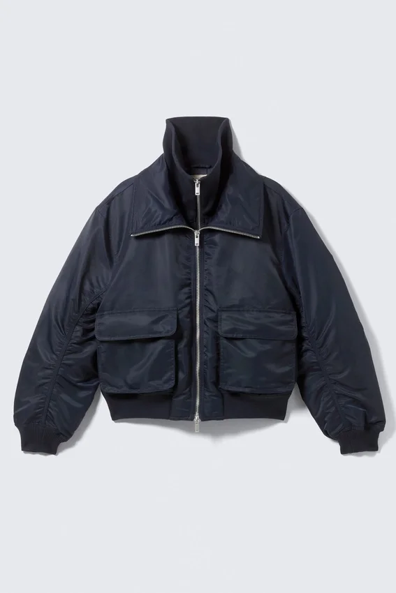 Shrunken Nylon Bomber Jacket – Navy Blue Shrunken Nylon Bomber Jacket – Navy Blue