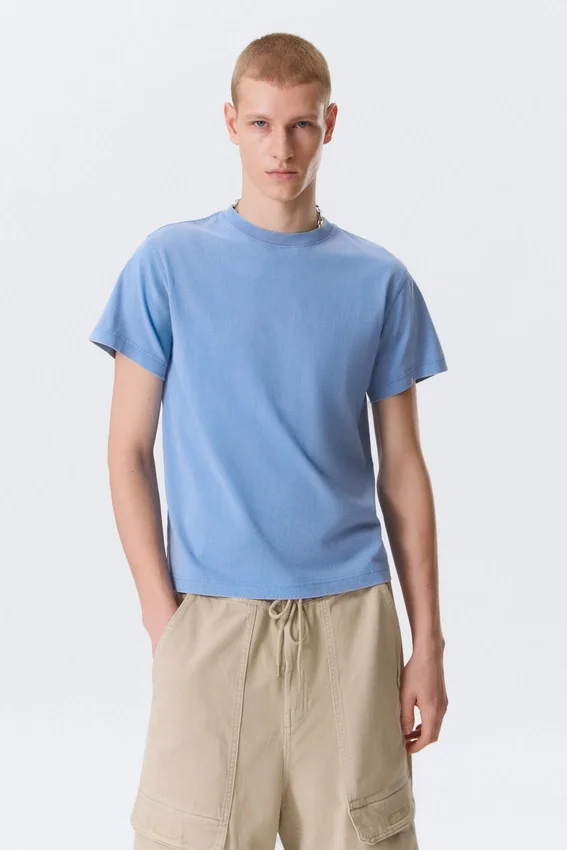 Shrunken Short-Sleeved Cotton T-Shirt – Blue Shrunken Short-Sleeved Cotton T-Shirt – Blue