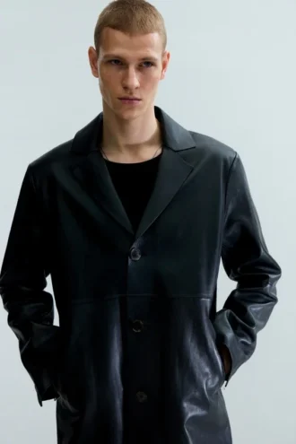 Single-Breasted Leather Coat – Black Single-Breasted Leather Coat – Black