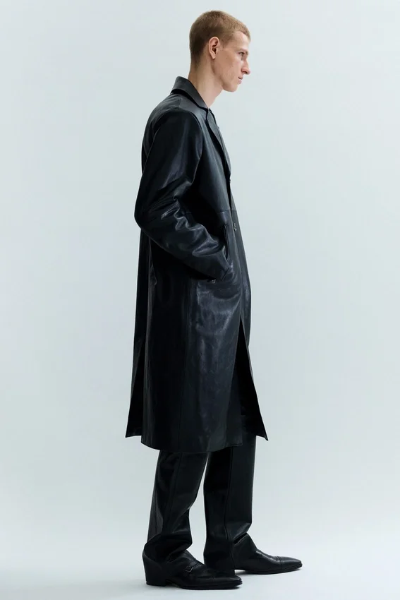 Single-Breasted Leather Coat – Black Single-Breasted Leather Coat – Black