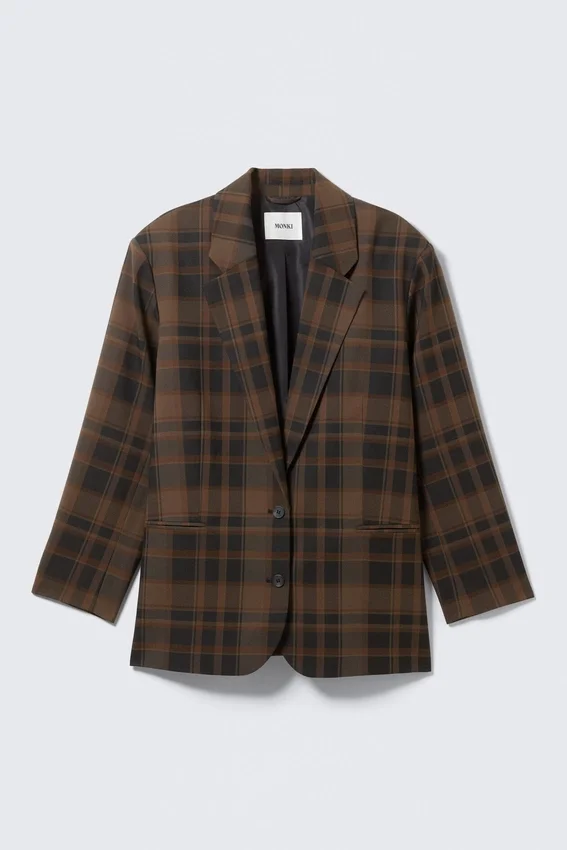Single-Breasted Oversized Blazer – Checked Dark Brown Single-Breasted Oversized Blazer – Checked Dark Brown