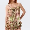 Sleeveless Balloon Mini Dress – Brown & Green Floral Dots Sleeveless Balloon Mini Dress – Brown & Green Floral Dots