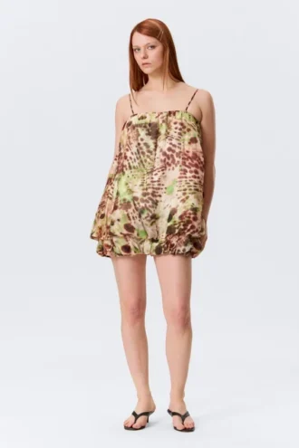 Sleeveless Balloon Mini Dress – Brown & Green Floral Dots