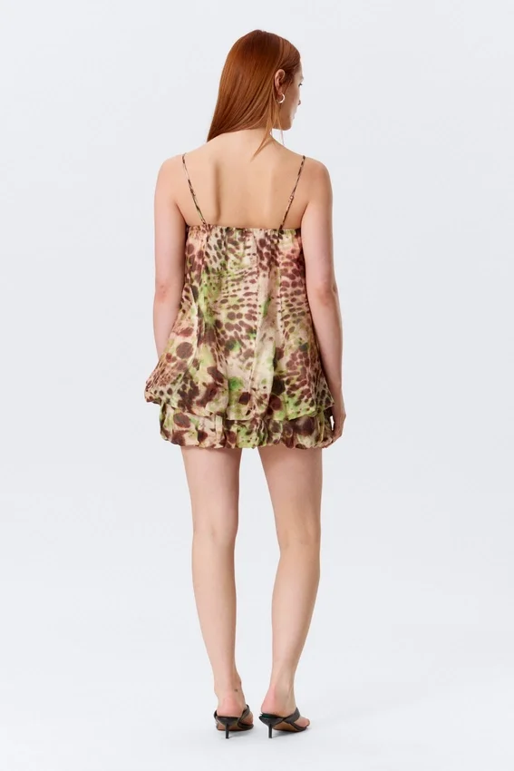 Sleeveless Balloon Mini Dress – Brown & Green Floral Dots Sleeveless Balloon Mini Dress – Brown & Green Floral Dots