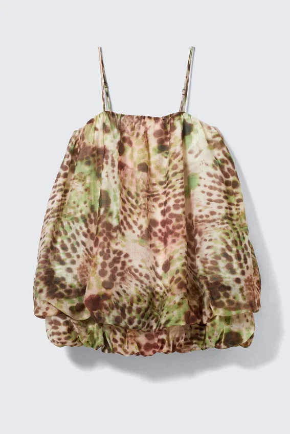 Sleeveless Balloon Mini Dress – Brown & Green Floral Dots Sleeveless Balloon Mini Dress – Brown & Green Floral Dots
