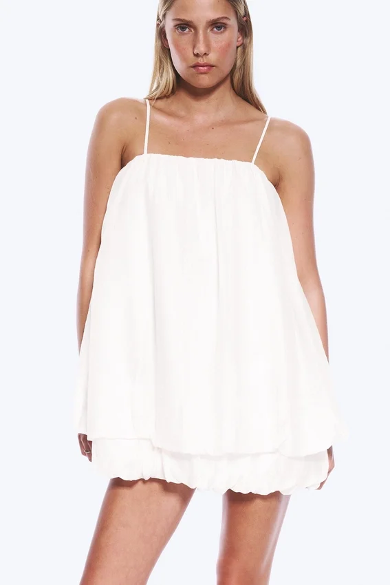 Sleeveless Balloon Mini Dress – White Sleeveless Balloon Mini Dress – White