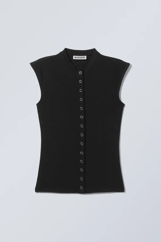 Sleeveless Button-Up Top – Black Sleeveless Button-Up Top – Black